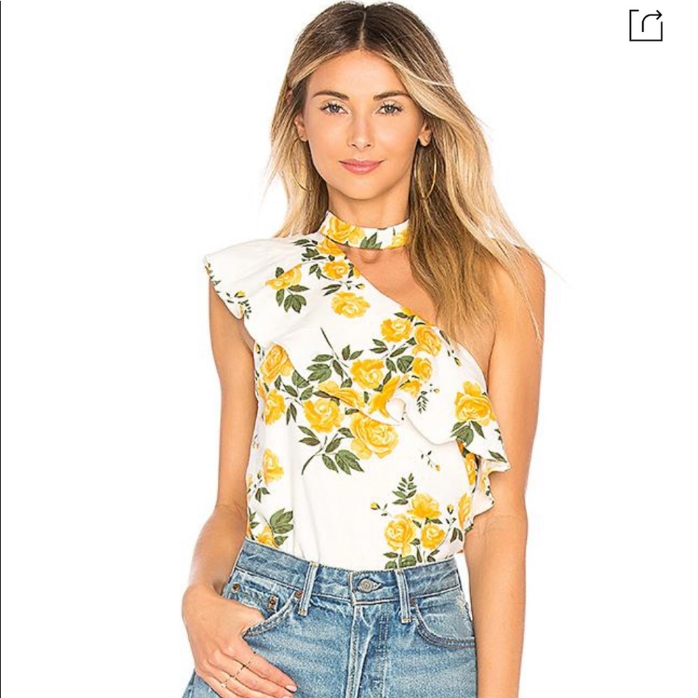 L'Academie White One-Shoulder Floral Ruffle Top with Yellow Roses
